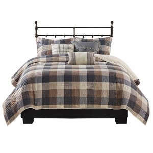 Gulches Series Neutral Brown Cabin Farmhouse Style Printed Herringbone King Cal King 6 Piece Quilt Set with Throw Pillows Blanket - 1 of 4