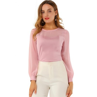 INSPIRE CHIC Women's Round Neck Lantern Long Sleeve Chiffon Satin Blouse