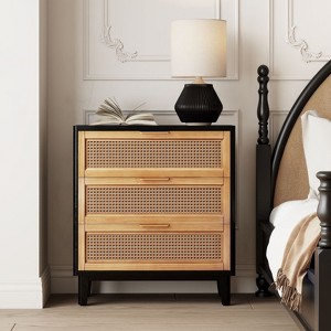 JIONJOY Artisan Distressed Nightstand - Fully Assembled Rattan & Wood 3-Drawer Dresser - 1 of 4