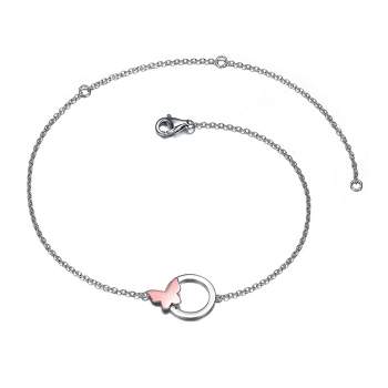 Sterling Silver 18k Rose Gold Plated Infinity Circle Butterfly Charm Anklet, Adjustable Length