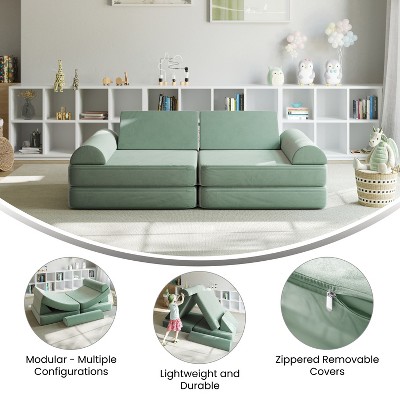 Sage Velvet Six-Piece Modular Kids Play Couch