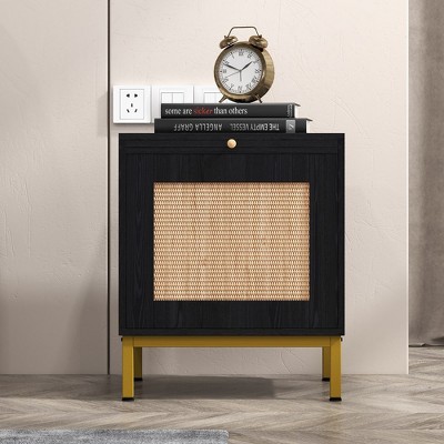 Rattan Nightstand with Tray - Classic Wood Grain Pattern Side Table