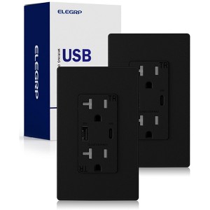 ELEGRP 30W USB Outlets Receptacles, 20 Amp Outlet with USB C and USB A Ports for Support Fast Charge Protocols,w/Wall Plate, UL Listed,Black,2 Pack - 1 of 1