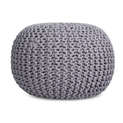 Moroccan Inspired Light Grey Knitted Round Pouf Ottoman
