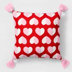 Valentine's Day Embroidered Hearts Square Throw Pillow Red - Spritz™