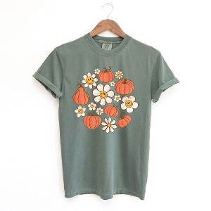 Simply Sage Market Women's Circle Pumpkin Flowers Short Sleeve Garment Dyed Tee - 1 of 2