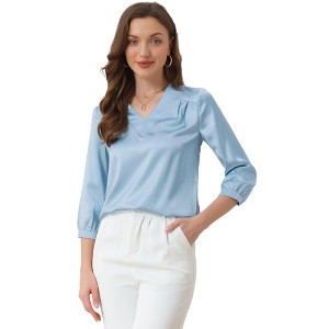 INSPIRE CHIC Women's V Neck 3/4 Sleeve Casual Office Work Satin Blouses - 1 of 4