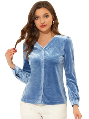 INSPIRE CHIC Women's Velvet V Neck Long Sleeve Solid Button Down Shirt