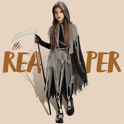 Joyfy Girls' Halloween Grim Reaper Costume Suits, Dress with Gloves and Tights Glow in the Dark, Halloween Costume for Cosplay Dress Up Party, S