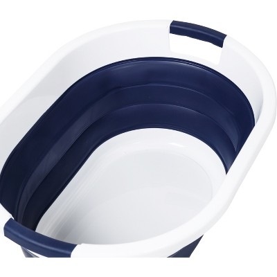 Navy Blue and White Collapsible Rubber Laundry Hampers, Set of 2