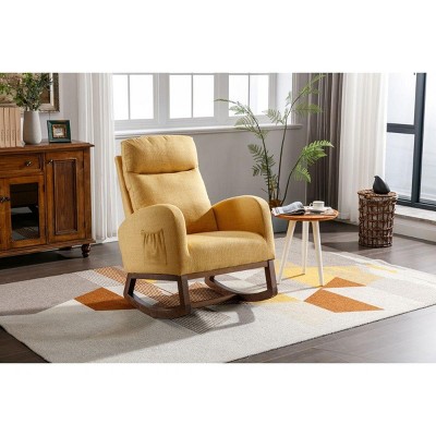 CAVINAS Linen Upholstered Accent Chair with Wood Legs,Modern Rocking Chairs with High Back and Side Pocket for Bedroom,Reading Room