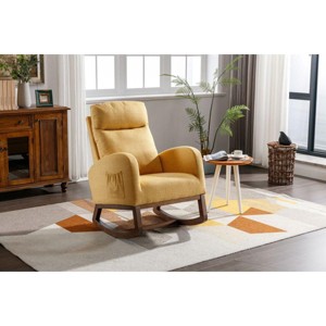 CAVINAS Linen Upholstered Accent Chair with Wood Legs,Modern Rocking Chairs with High Back and Side Pocket for Bedroom,Reading Room - 1 of 4