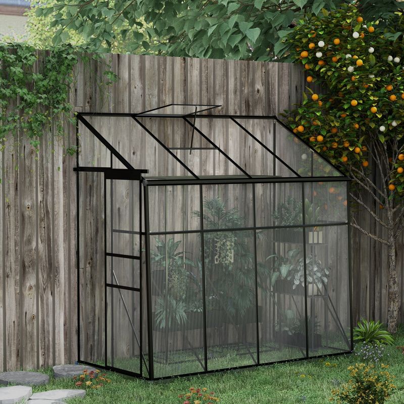 Outsunny Lean-to Polycarbonate Greenhouse with Sliding Door, Roof Vent, Rain Gutter, Walk-in Aluminum Hot House, Black, 3 of 7