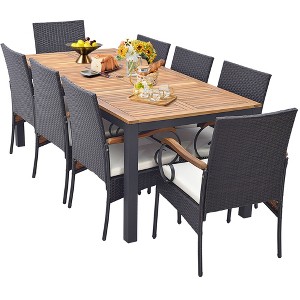 Costway 9 PCS Patio Rattan Dining Set with Acacia Wood Table, Cushions, 1.9" Umbrella Hole - 1 of 4