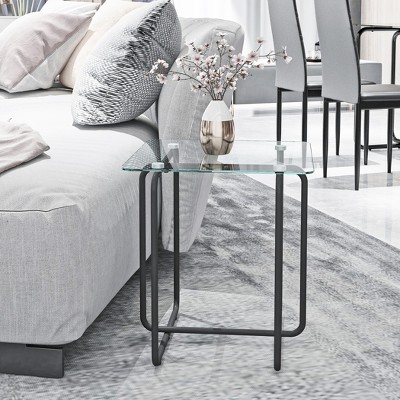 Transparent Tempered Glass End Table with Black Metal Frame