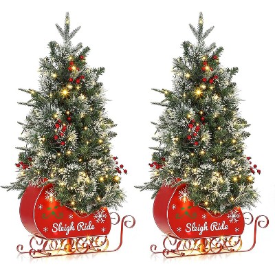 3FT Pre-Lit Artificial Christmas Tree with LED Lights, Realistic Spruce Tips, Mini Sled Base, Small Tabletop Xmas Tree for Home, Office