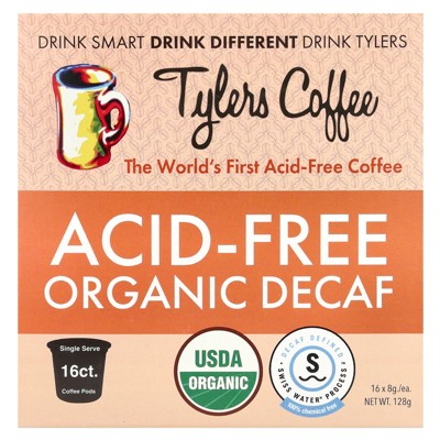 Tylers Coffees Acid-Free Organic Decaf, 16 Single Serve Coffee Pods, 8 g Each
