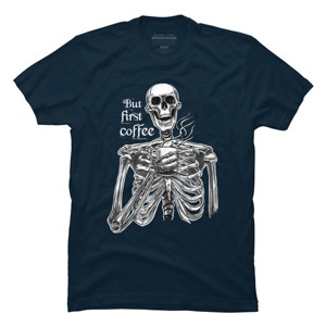 Men's Design By Humans Halloween skeleton drinking coffee. But first coffee By melazergDesign T-Shirt - 1 of 2