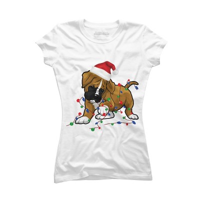 Junior's Design By Humans Saint Bernard dog christmas light costume hat santa Fairy lights By Rondes T-Shirt