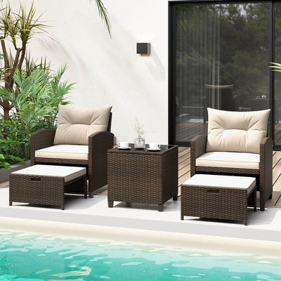 Costway 5 Piece Patio Rattan Furniture With 2 Ottomans & Tempered Glass ...