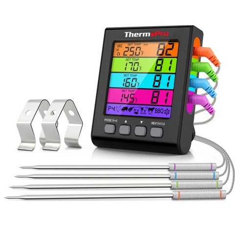 Thermopro Tp17hw 4 Probe Digital Meat Thermometer With Timer And High/low  Alarms Grill Smoker Thermometer W/ Large Color Coded Lcd Display In Black :  Target
