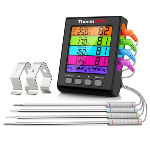 ThermoPro TP17HW 4 Probe Digital Meat Thermometer with Timer and HIGH/LOW  Alarms Grill Smoker Thermometer w/ Large Color Coded LCD Display in Black