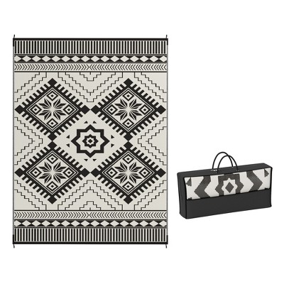 Outsunny Outdoor Patio Rug, Large Camping Carpet with Carrying Bag, 9' x 12' Waterproof Plastic Straw, Reversible, White & Black Toothed Rhombus