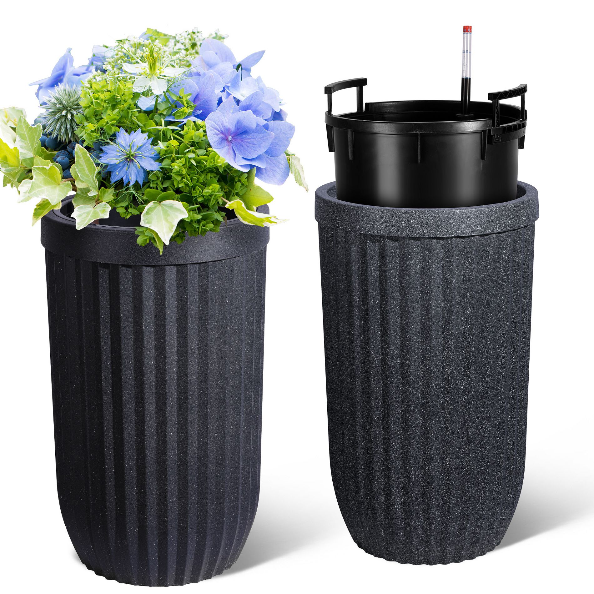 23" Tall Planters Set of 2 with a Water Level Monitor, Self Watering System Ideal for Home, Office, Patio, Porch, Garden, Black
