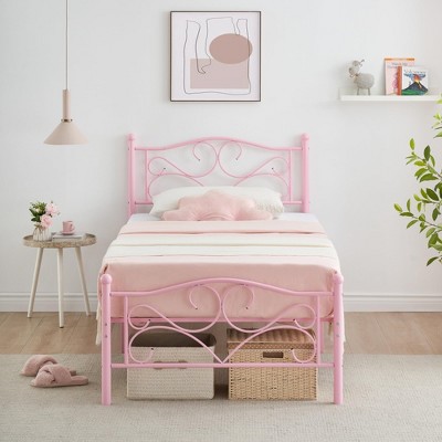 Twin Bed Frames, Twin Size Bed Frame with Headboard, Heavy Duty Mattress Foundation with Steel Slats Support, No Box Spring Needed