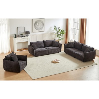 Modern 3-Seater + 3-Seater + 1-Seater Linen Fabric Sofa Set with Wooden Frame and 5 Pillows
