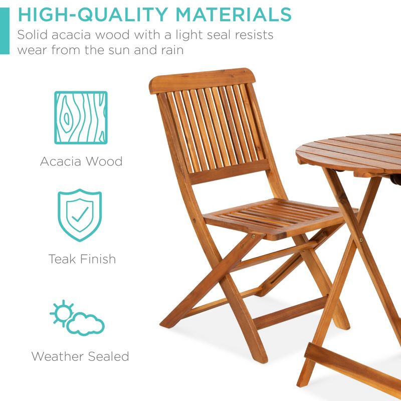 Best Choice Products 3-Piece Acacia Wood Bistro Set, Folding Patio Furniture w/ 2 Chairs, Table, Teak Finish - Natural, 3 of 8