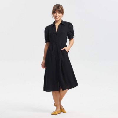 Женские платья Universal Thread Women's Puff Short Sleeve Eyelet Midi Shirtdress - Universal Thread™ Black L — фото 2