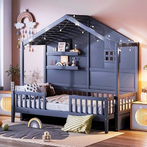 Twin Size House Bed with Shelves, Platform Bed with Window and Sparkling Light Strip on the Roof 4W - ModernLuxe - 1 of 4