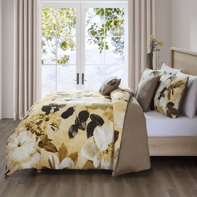 Yellow Magnolia Floral Cotton Queen Reversible Comforter Set