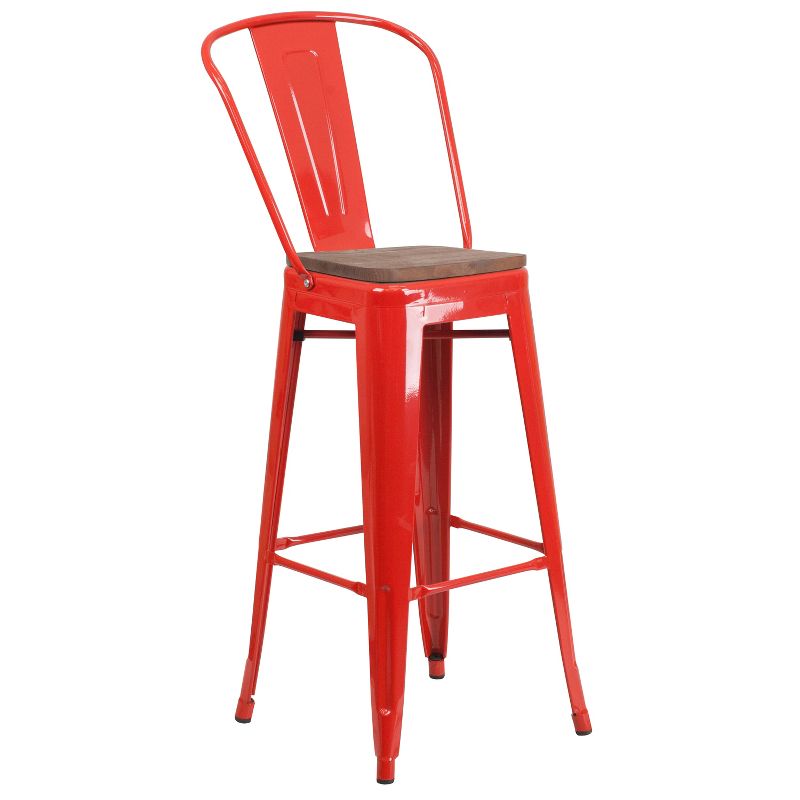 Merrick Lane Metal Dining Stool with Curved Slatted Back and Textured Wood Seat, 1 of 10