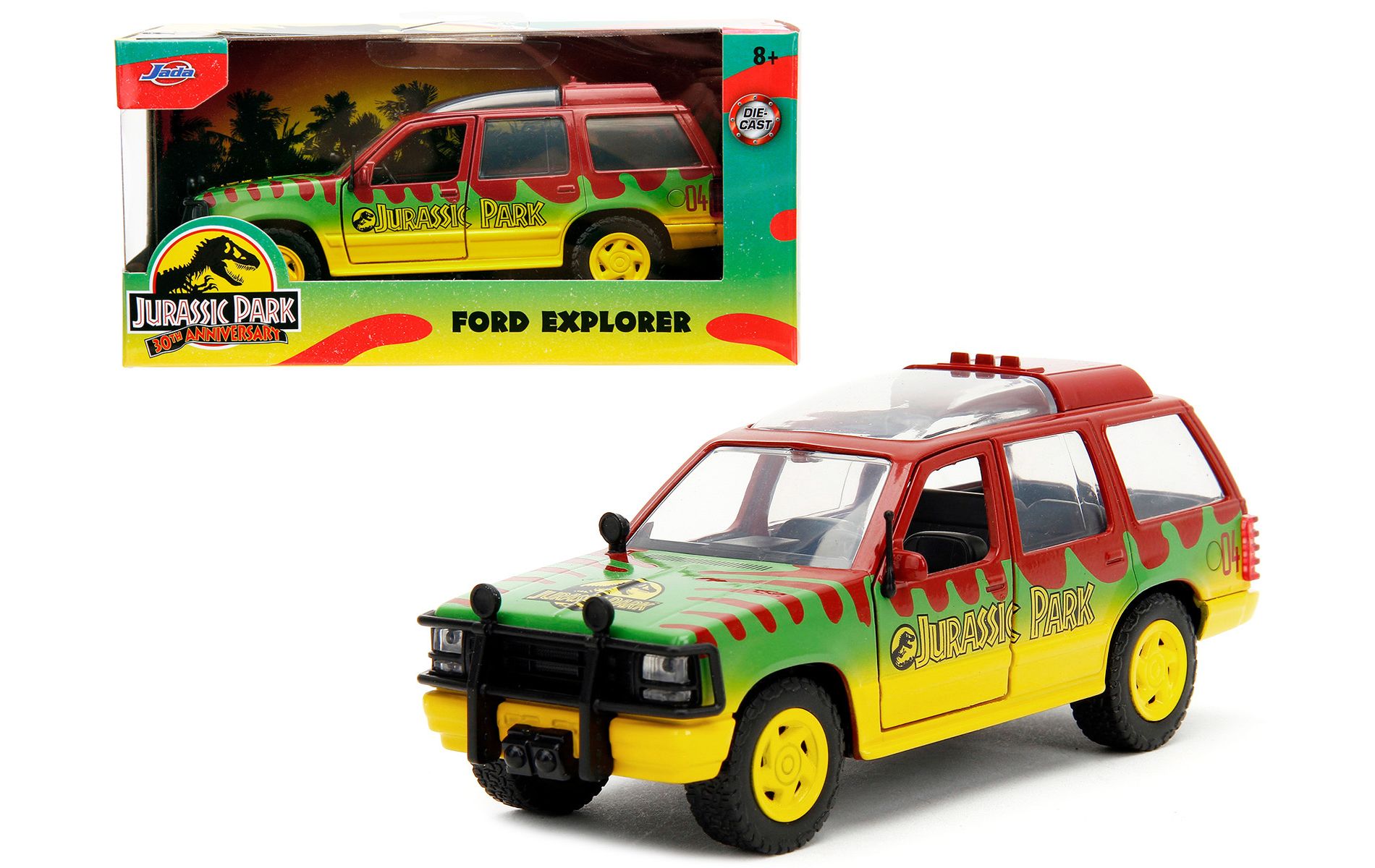 Ford Explorer Red and Yellow with Green Graphics "Jurassic Park" (1993) Movie 30th Anniversary 1/32 Diecast Model Car by Jada