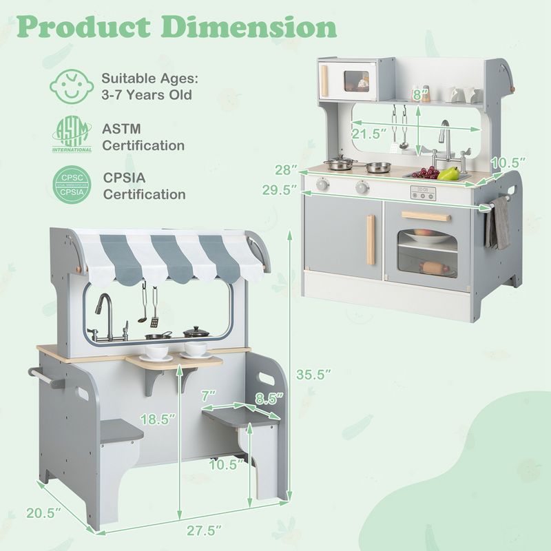 Costway 2 in 1 Kids Play Kitchen& Restaurant Double Sided Wooden Kitchen Playset Toddler, 3 of 14