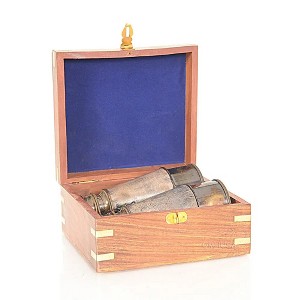 Antique Brass Binocular – 2.25in Height – Leather Overlay in Wooden Box By Old Modern Handicrafts - 1 of 4