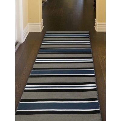 Navy and Gray Striped Synthetic Flat Woven Rug