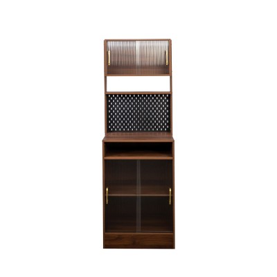 LIVAREEmlen Kitchen Baker's Racks with 2 Sliding Striped Glass Doors,Freestanding Storage Cabinet for Bottles,Wine,Coffee Machine,Microwave Oven