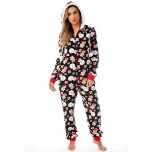 Just Love Womens One Piece Winter Holiday Adult Bodysuit Faux Shearling Lined Hoody Xmas Pajamas - 1 of 4