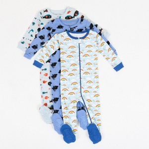 Leveret Boys Cotton Baby Footed Pajamas – 3 Pack – Ocean & Sky Mix Sleepers - 1 of 4