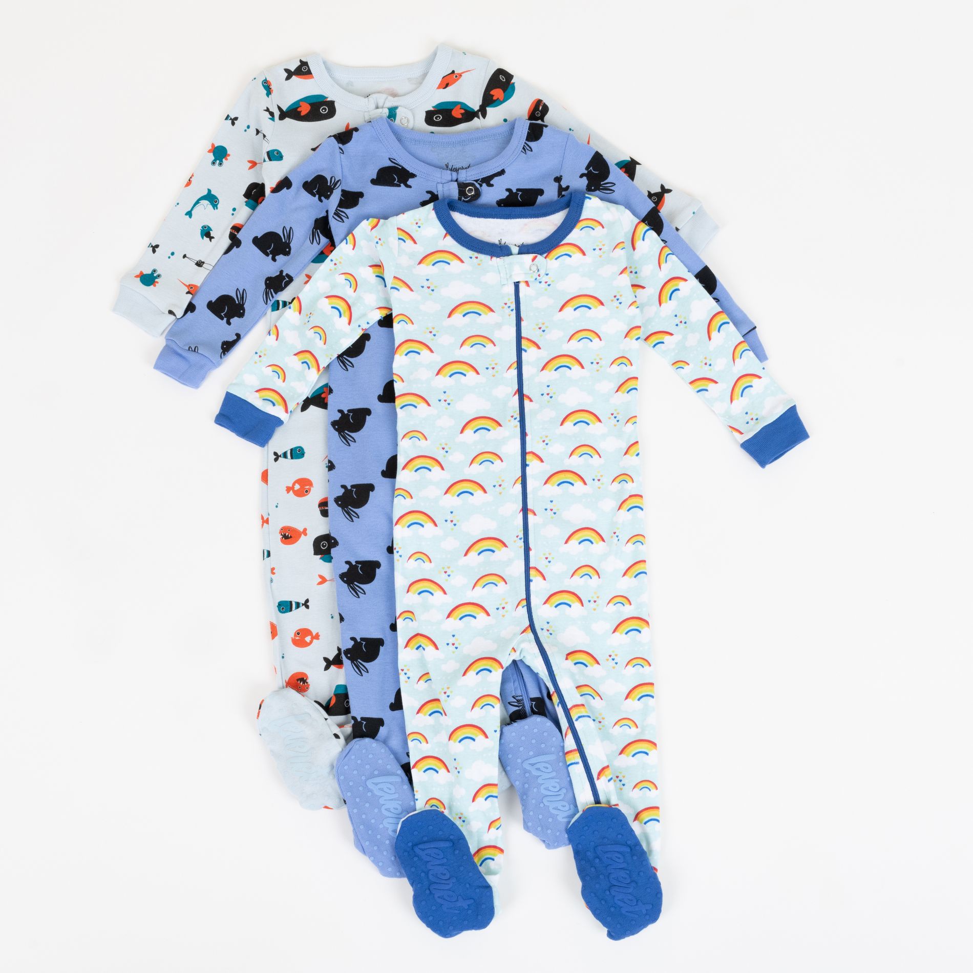 Leveret Boys Cotton Baby Footed Pajamas – 3 Pack – Ocean & Sky Mix Sleepers