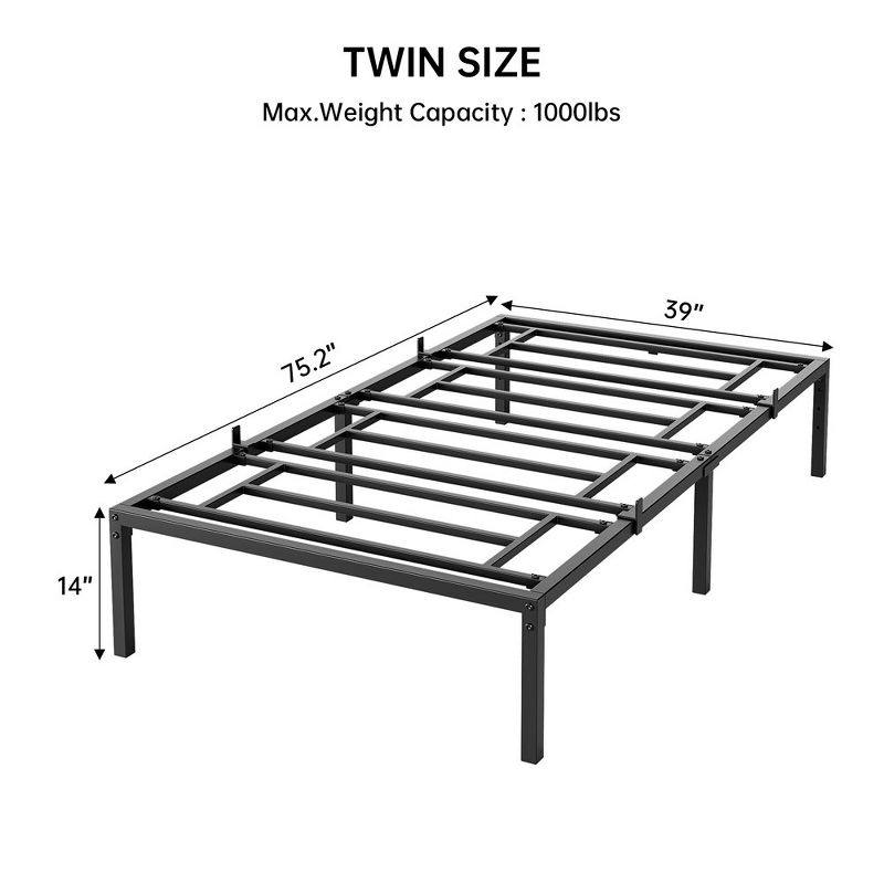 Whizmax 14 Inch Twin Bed Frame with Steel Slats Support, Metal Platform Bed Frame with Storage, Mattress Foundation and No Box Spring Needed, Black, 2 of 10