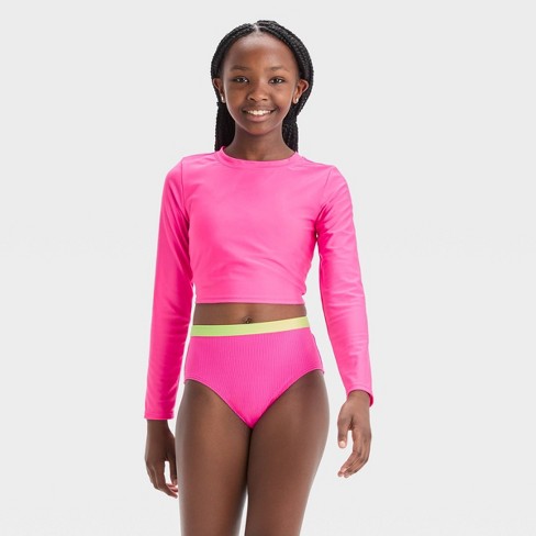 Girls' 3pc Ribbed Colorblock Cropped Rash Guard Swimwear Set - art class™  Pink XS