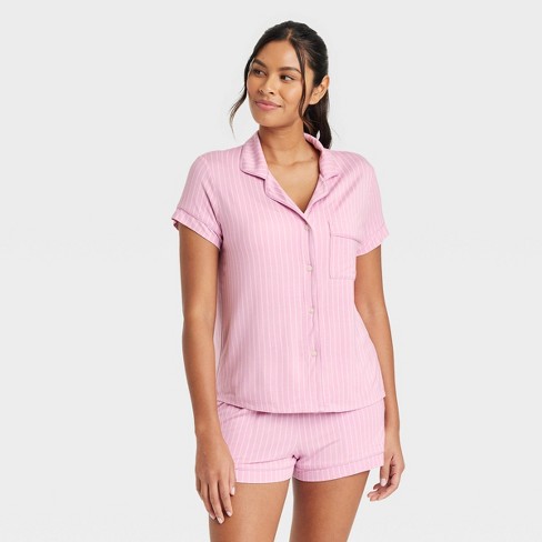 Women's Beautifully Soft Short Sleeve Notch Collar Top And Shorts Pajama Set  - Stars Above Light Pink 2X
