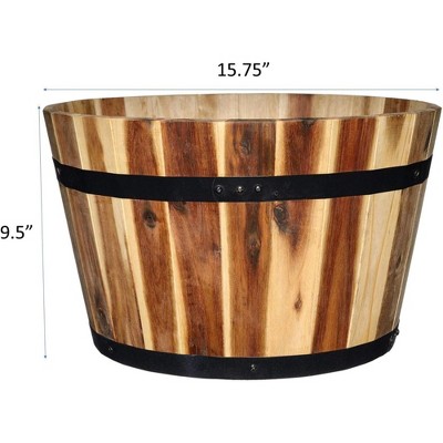 16-Inch Acacia Wood Whiskey Barrel Planter with Black Metal Bands