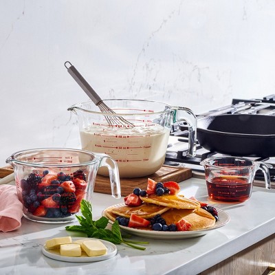 Set of 4 Clear Glass Measuring Cups with Red Markings