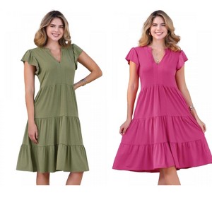 INSPIRE CHIC Women's Ruffle Short Sleeve V Neck Side Pockets Midi Dress 2 Packs - 1 of 4