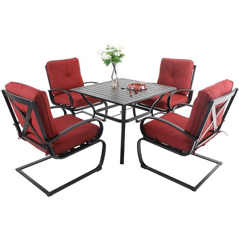 5pc Patio Dining Set With Square Table, Red Metal Dining Room Chairs